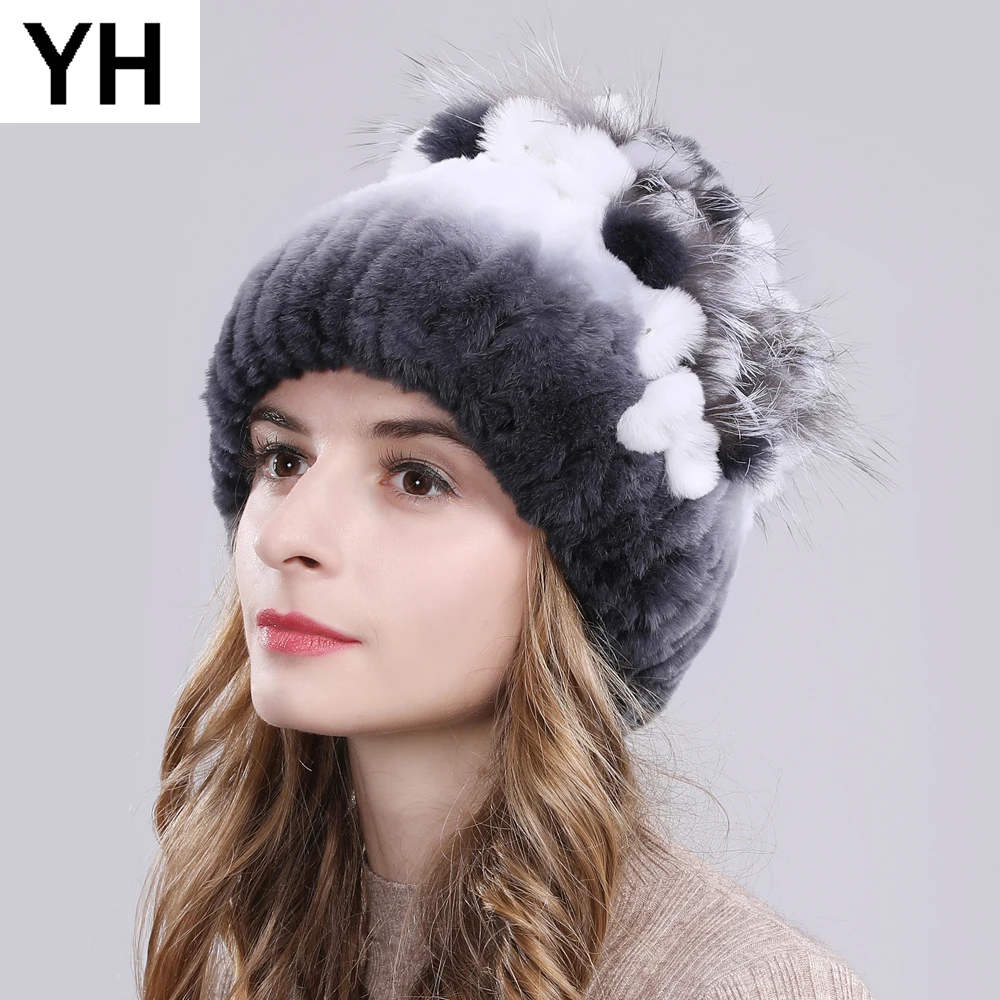 Online Rusia mujer piel de conejo Rex auténtica sombreros al aire libre elástico tejido 100% piel auténtica de conejo Rex gorra invierno cálido piel Real gorros