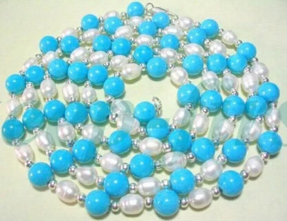 

Free shipping >>@ > NEW BRIGHT JEWELRY TURQUOISE&PEARL BEADED NECKLACE 38" 8MM 7-8MM