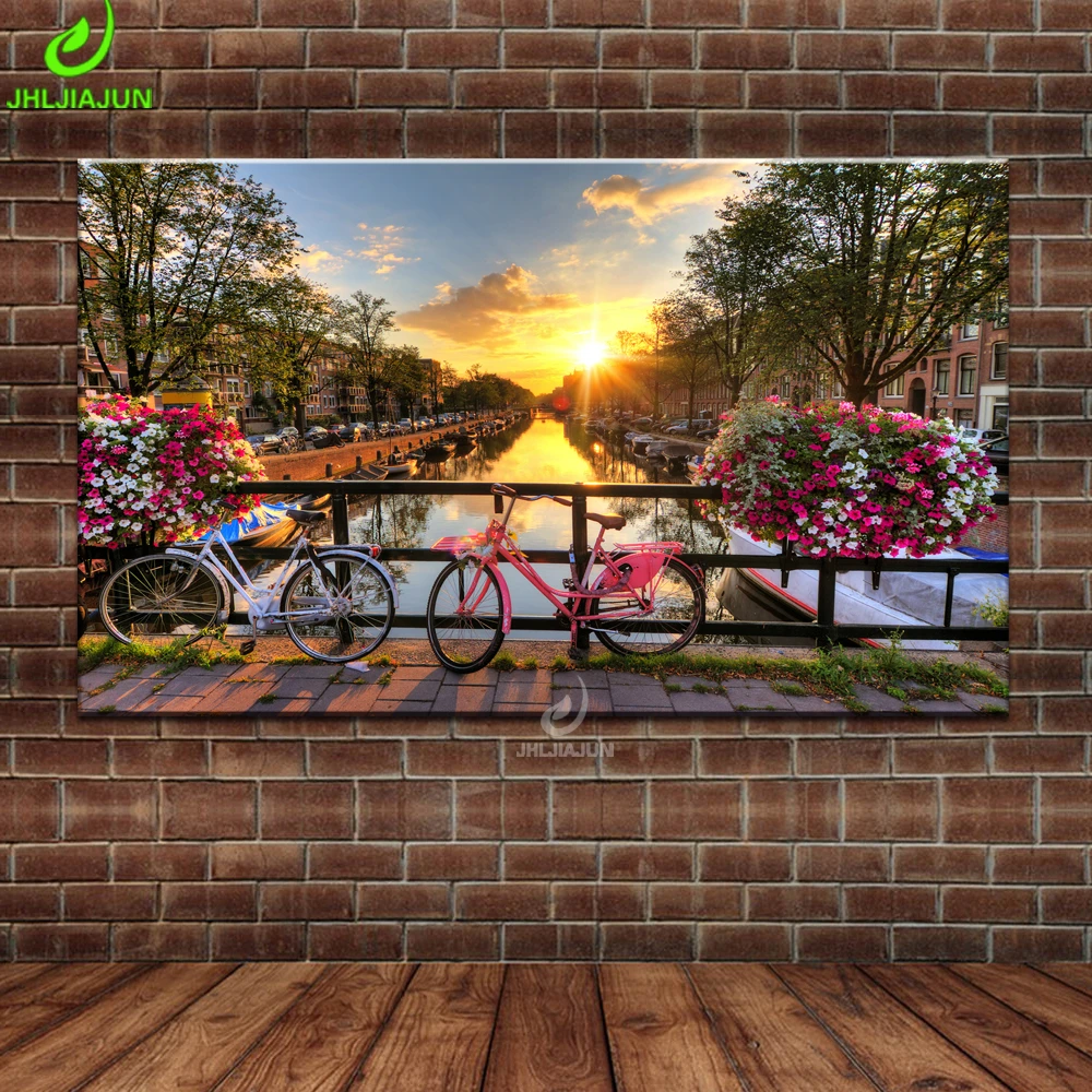 Big Canvas Art Mural Beautiful Sunrise Bike Flowers On The Poster Bridge In Amsterdam Art Portrait Wall Living Room Bedroom Painting Calligraphy Aliexpress