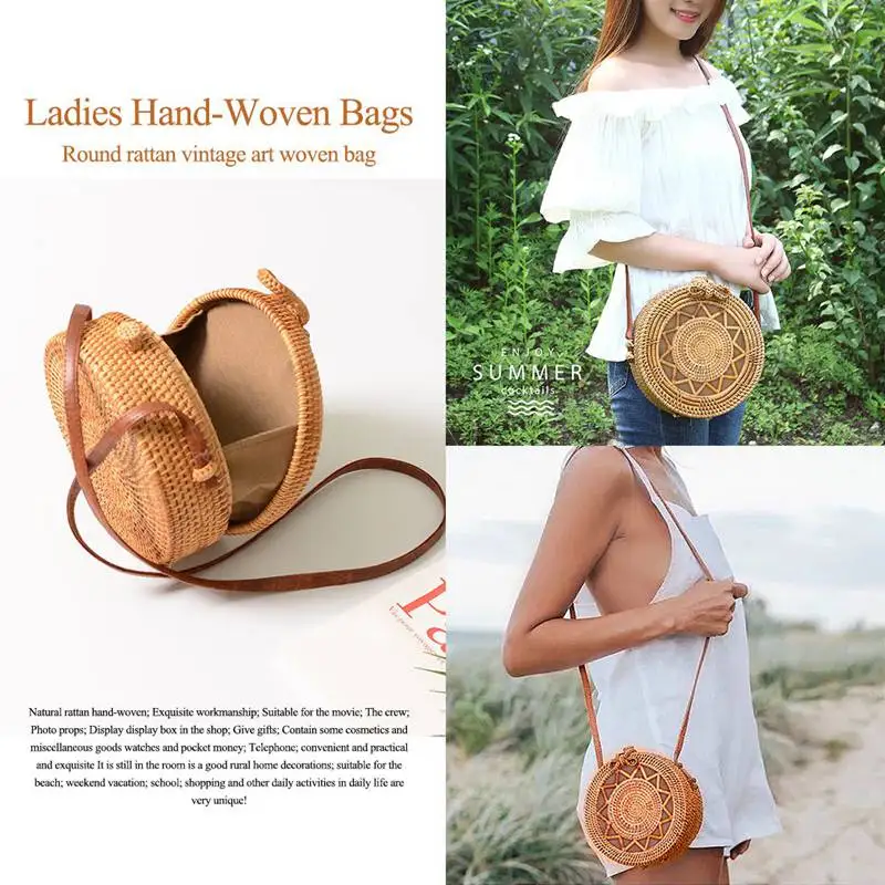 

INS new ladies hand-woven bag round rattan retro art hand-woven bag Bohemian hollow five-pointed star beach round shoulder bag