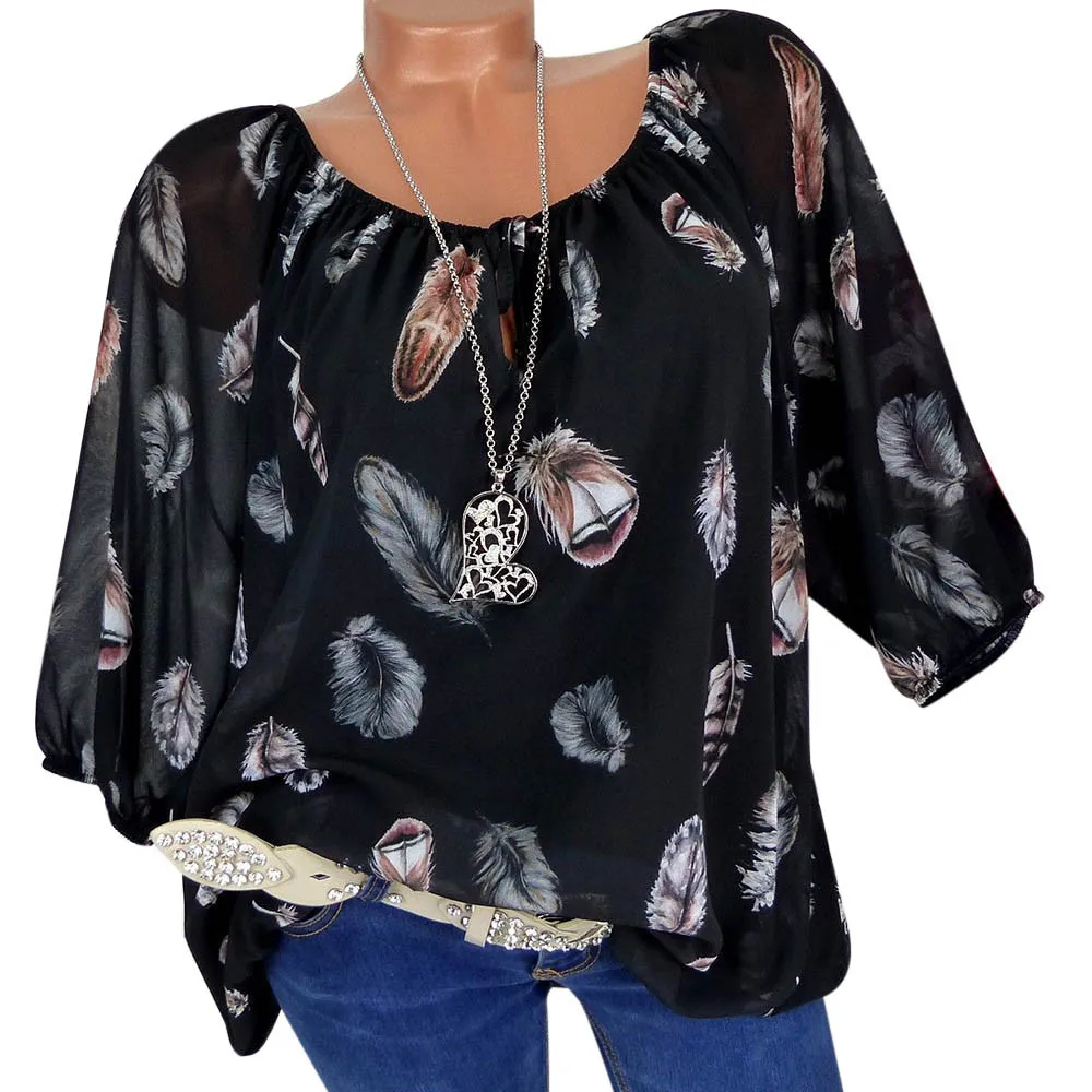 

Women Plus Size Half Sleeve Feather Print V-neck Blouse Pullover Tops Shirt