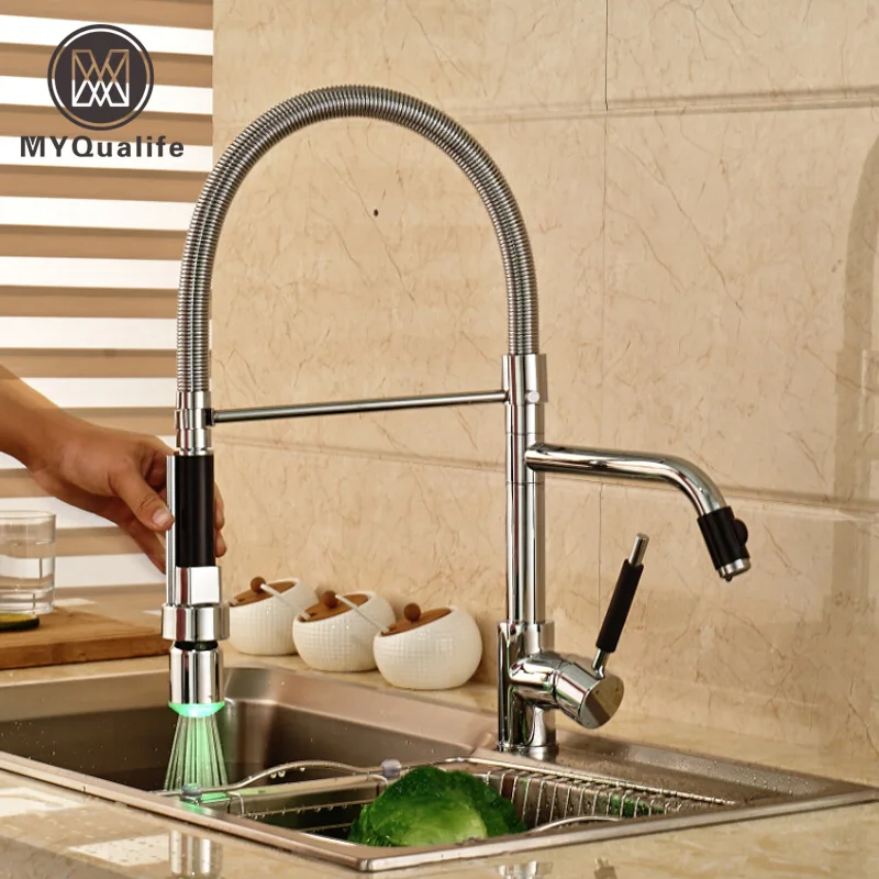 

Factory Directly Sale Contemporay Chrome Kitchen Spray Faucet Mixer Tap LED Light Dual Spout Spring Pull Down Mixer Faucets