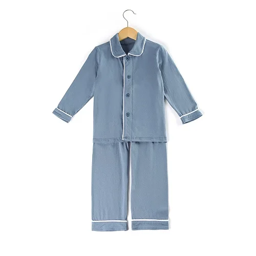 Boys Girls Clothing Set Family Matching Children sleepwear Christmas Cotton Blank Ruffle kids Pajamas - Цвет: stone blue boys