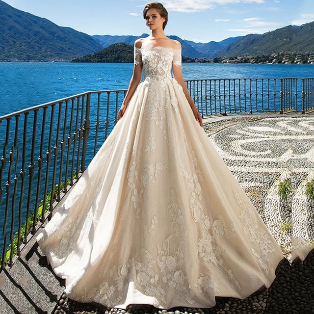 ultra romantic appliques beige wedding dress long vintage off
