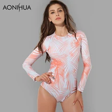 Aonihua печати One Piece серфинг купальник для Для женщин с длинным рукавом Молния сзади ванный комплект летние пляжные купальники Монокини