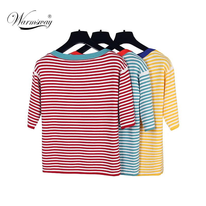 Summer T-shirt Knitted Slim Rainbow Candy Color Striped Tee femme Harajuku Womens Clothing Slash Neck Ladies Knitted Tops B-111