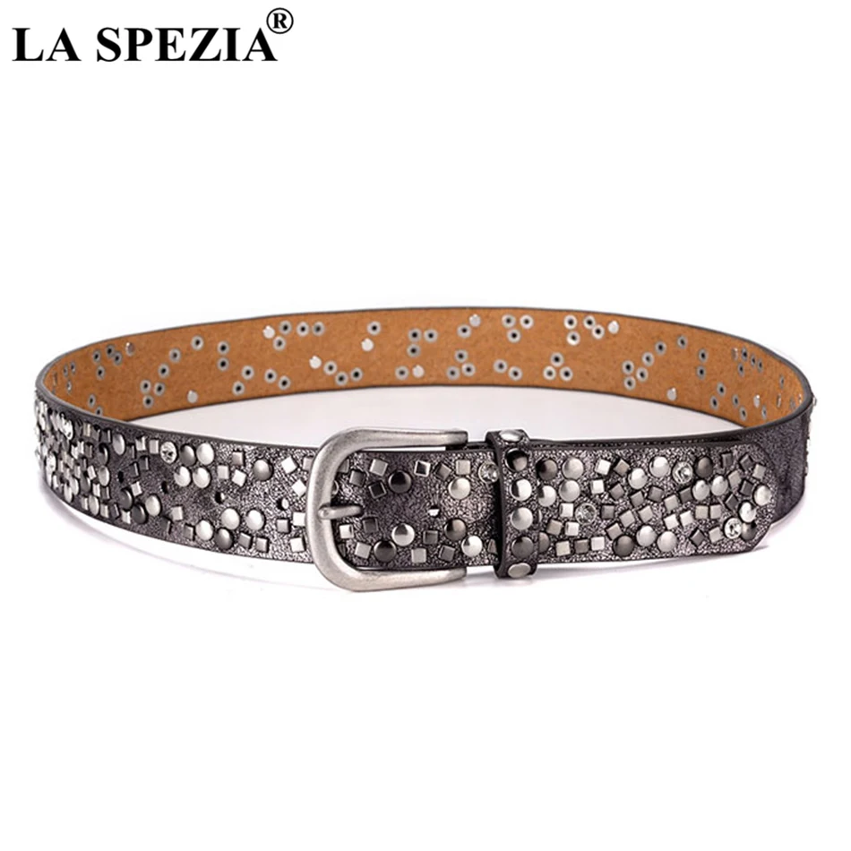 LA SPEZIA Women Belt Rivet Genuine Cow Leather Belt For Jeans Ladies Black Real Leather Brand Female Rock Pin Buckle Belts 110cm