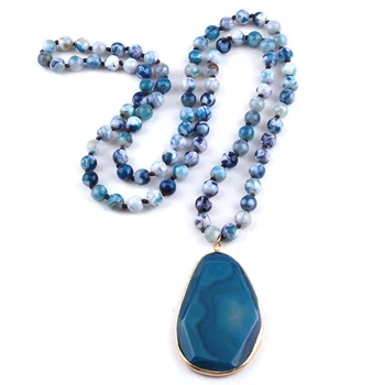 

Fashion Bohemian Tribal Jewelry Long Knotted Grey Stone Drop Pendant Necklaces Women Ethnic Necklace