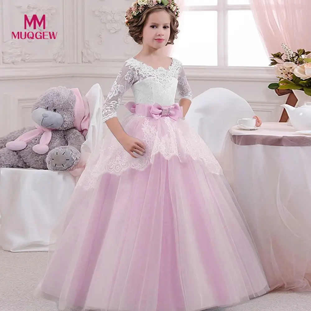 

Free Shipping Child Girls Lace Bowknot Princess Wedding Party Performance Formal Tutu Dress Clothes vestido 2018 Autumn Winter
