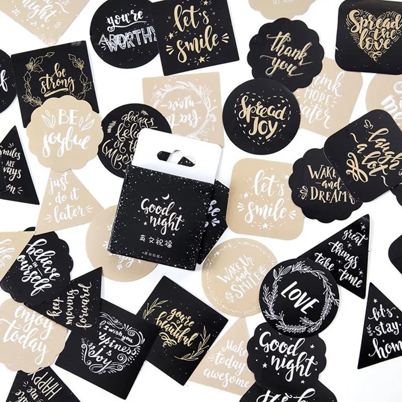 

45Pcs Creative Greetings Text Festival Bless Stickers Album Decor Gift Sealing Sticker Scrapbook Planner Black Geometry Memo Pad