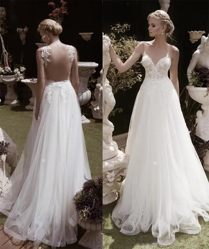 1-1          Sexy Backless Lace Applique Beach Wedding Dress Boho Bridal Gown 8 10 12 14 16++