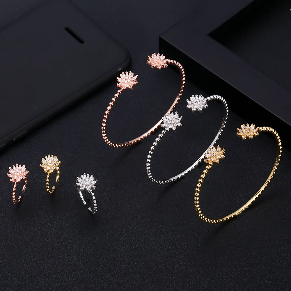 

jankelly Luxuryflowe shape Bangle Ring Sets Fashion Dubai Silver Bridal Jewelry Sets For Women Wedding brincos para as mulheres