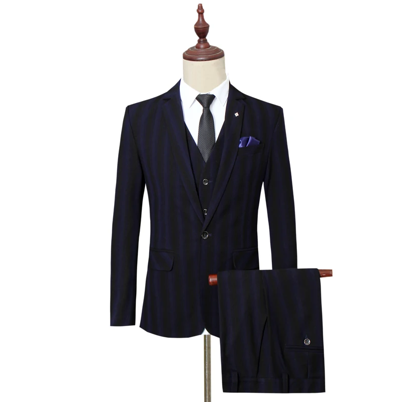 Black Men Striped Suits Size S-5XL Business Casual Mens Blazer Jacket with Vests and Pants 2019 New Wedding Suits for Man Black Men Striped Suits Size S-5XL Business Casual Mens Blazer Jacket with Vests and Pants 2019 New Wedding Suits for Man