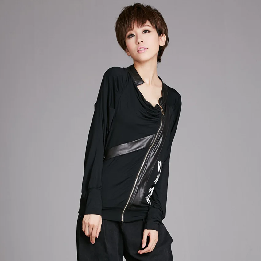 Новинка, свободная футболка с надписью и асимметричной застежкой-молнией, рубашка с длинными рукавами, 33976