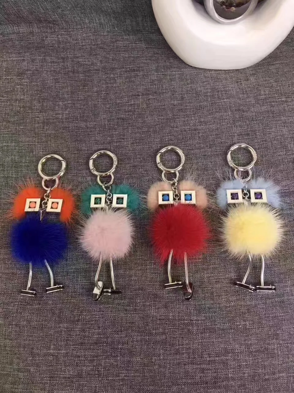 Genuine Fur Keychains Robot Real Mink Furry Handbag Charm Purse Charm