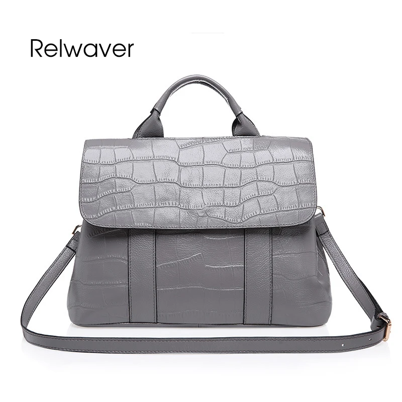 

Relwaver genuine leather handbags women's real leather bag women leather handbags stone pattern grey black women bag tote bag