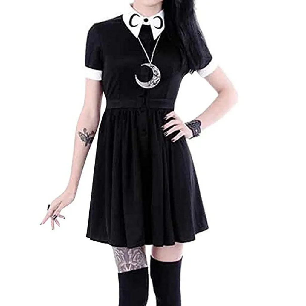 

Women Sundress Moon Print Gothic Punk Slim Fit Black Button Down Short Sleeve Mini Dress