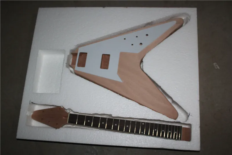 

Factory custom semi-finished fliying V style electric guitar with mahogany body and neck,white pickguard,can be customized