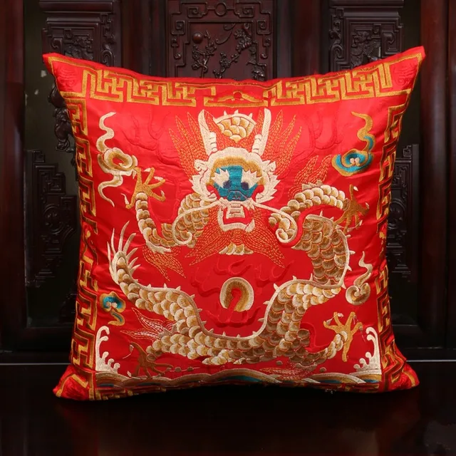 Full Embroidery Dragon Chinese Cushion Cover 42x42cm Square Decorative