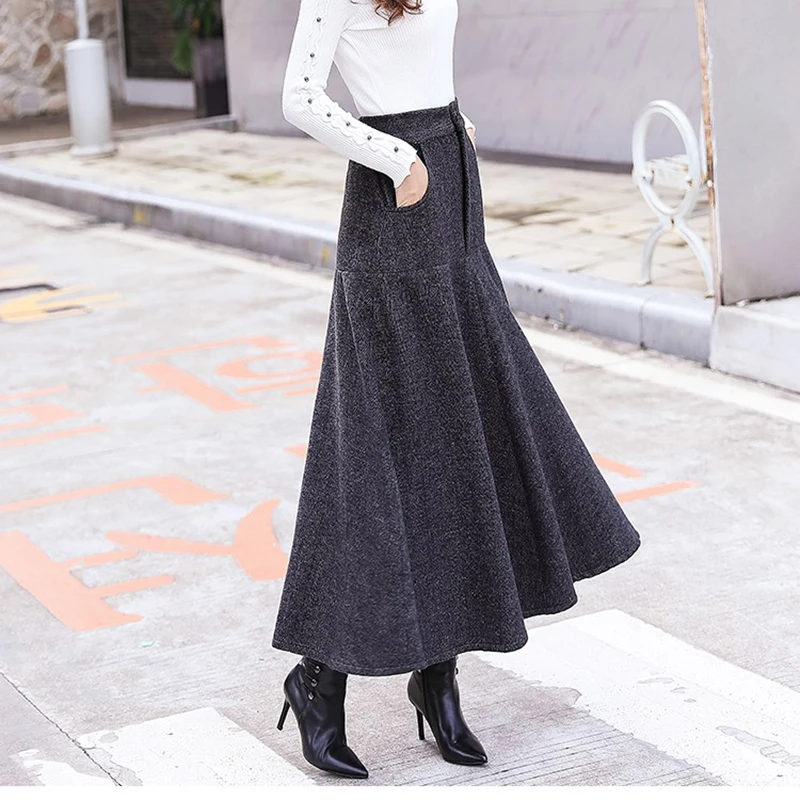 Vintage Striped Woolen Skirts Women Winter 2018 Fashion High Waist Office Wool Warm Pleated Long Skirt Casual Ladies Saia Longa
