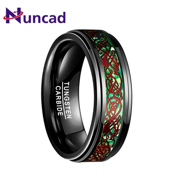 

Nuncad 8MM black polished step surface with green bottom red dragon tungsten Carbide ring Wedding Bands Classic Boyfriend Gift
