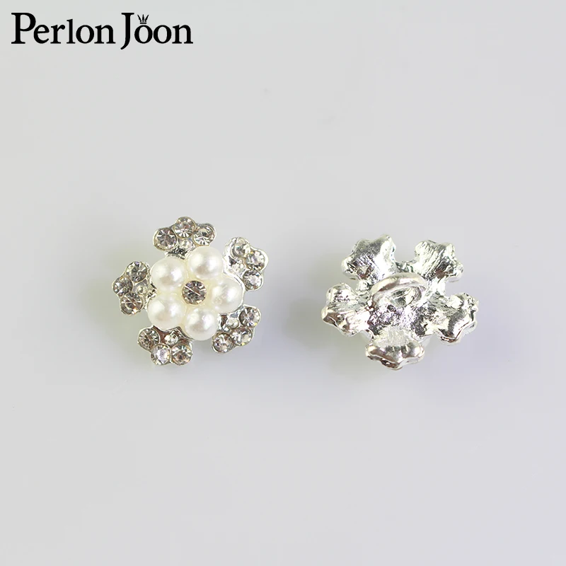 

10mm 14mm Flower leaves pearl rhinestone button silver metal button clothing decoration accessories for fashion clothing NK042
