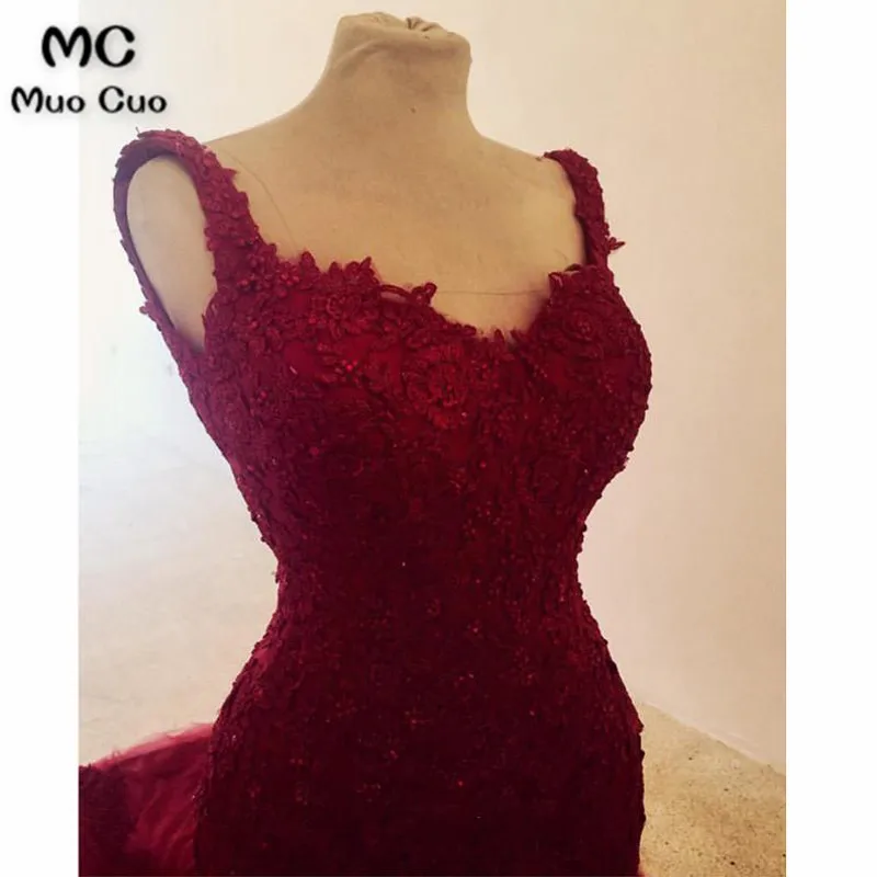 2018 Elegant Burgundy Mermaid Evening Dresses Long Appliques Spaghetti Straps Prom Gown Tulle Formal Evening Party Dress