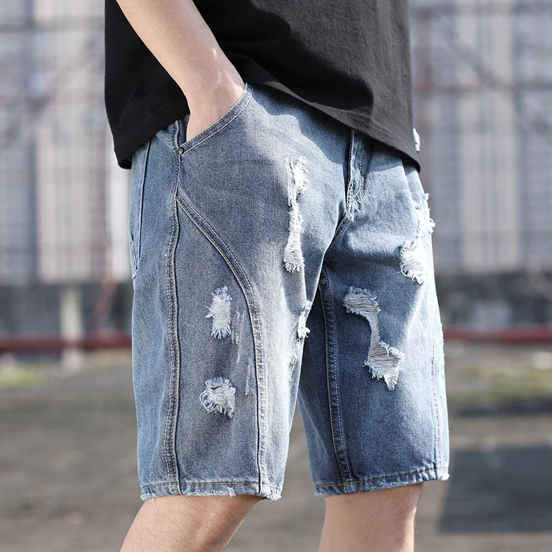 

High quality Destroy Distressed Denim Shorts 2019 Men Hole Denim Shorts Dark Blue Male Fashion Casual Dot Jeans Short Pants 2019