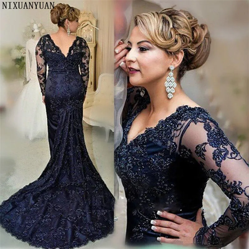 Long Sleeves Evening Dress Mermaid Applique Lace Women Lady Wear Prom Party Dress Formal Event Gown Mother of The Bride long evening gowns