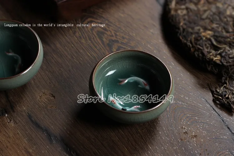 2 шт., китайский фарфоровый чайный горшок Longquan Celadon, чайная чашка, чайная чашка, чаша, Золотая Рыба, 60 мл, китайский чайный набор, чайный горшок, кракле, чайный набор