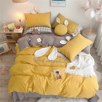 

Cute Rabbit Ears Embroidery100% Washed Cotton Girl Bedding Set Yellow Gray Duvet Cover Bed Sheet/Linen Pillowcase Gift For Child
