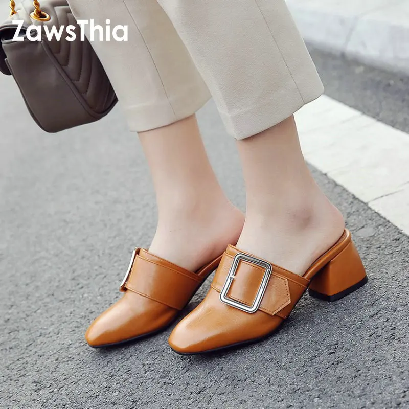 

ZawsThia 2019 summer ladies block high heels slides slippers for woman slip on PU leather pumps mules women sandals big size 46