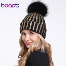 [boapt] серебро золото толстый вязаный женщин шапка натуральный помпон мех енота зима леди шапочки женский колпачки теплый зимние женские вязаная норковая девочек кепки женская шапки кепка женские кепка для девочки