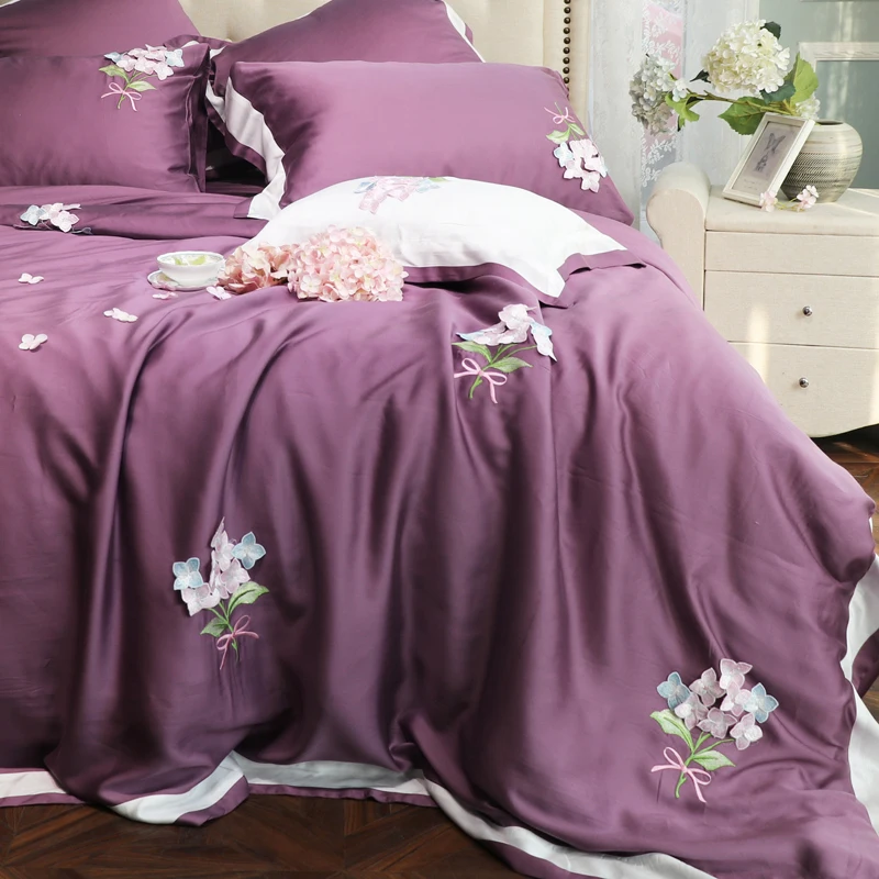 

New Luxury Purple Flowers Embroidery Soft Tencel Silk Princess Girl Bedding Set Duvet Cover Bed Sheet/Linen Pillowcases 4/7pcs
