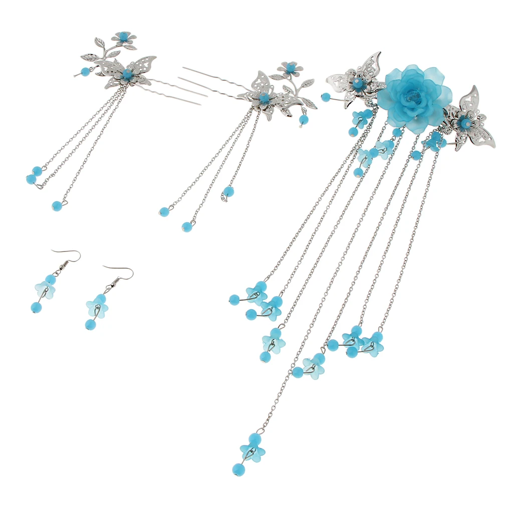Комплект из 3 предметов Ретро Китайский Японская Весна заколка шпилька молния серьги Цветочные ювелирные изделия с кистями костюм аксессуары набор - Цвет: Blue