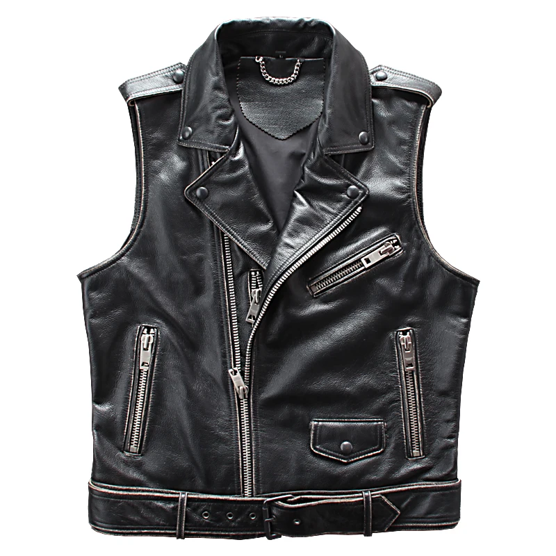 

2019 Vintage Black American Motorcycle Leather Jacket Genuine Cowhide Spring Slim Fit Natural Biker's Vest FREE SHIPPING