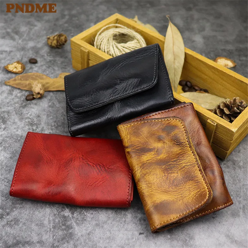 

PNDME high quality vintage hasp genuine leather card bag simple top layer cowhide small Coin Purses handmade mini thin wallets