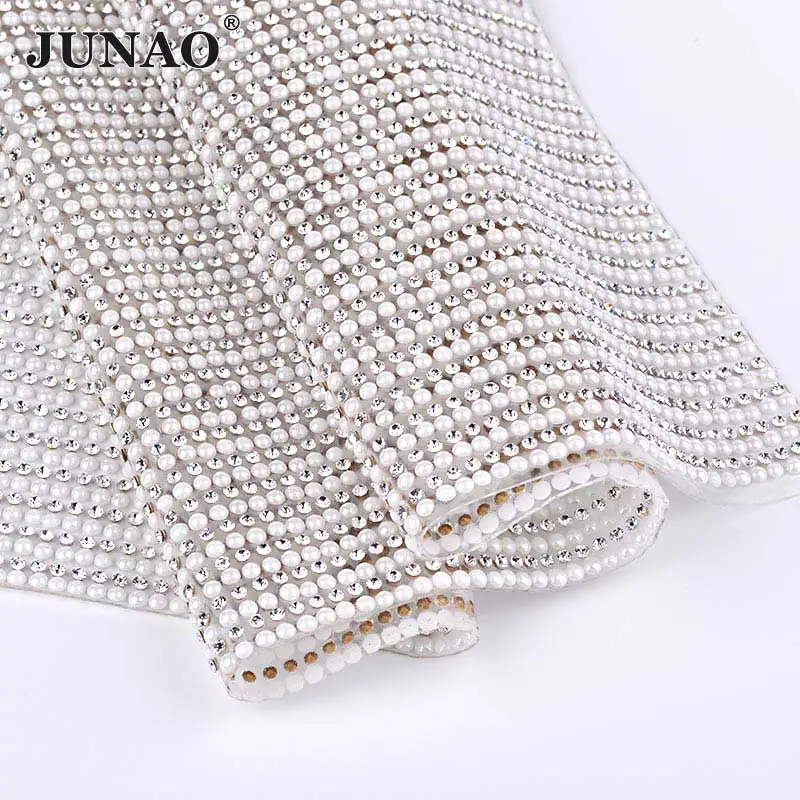 

24*40cm Pearl Grade A ss8 Point Rhinestone Hotfix Trim Banding Iron On Mesh Strass Crystal Roll Decorative Wedding Bridal Chain