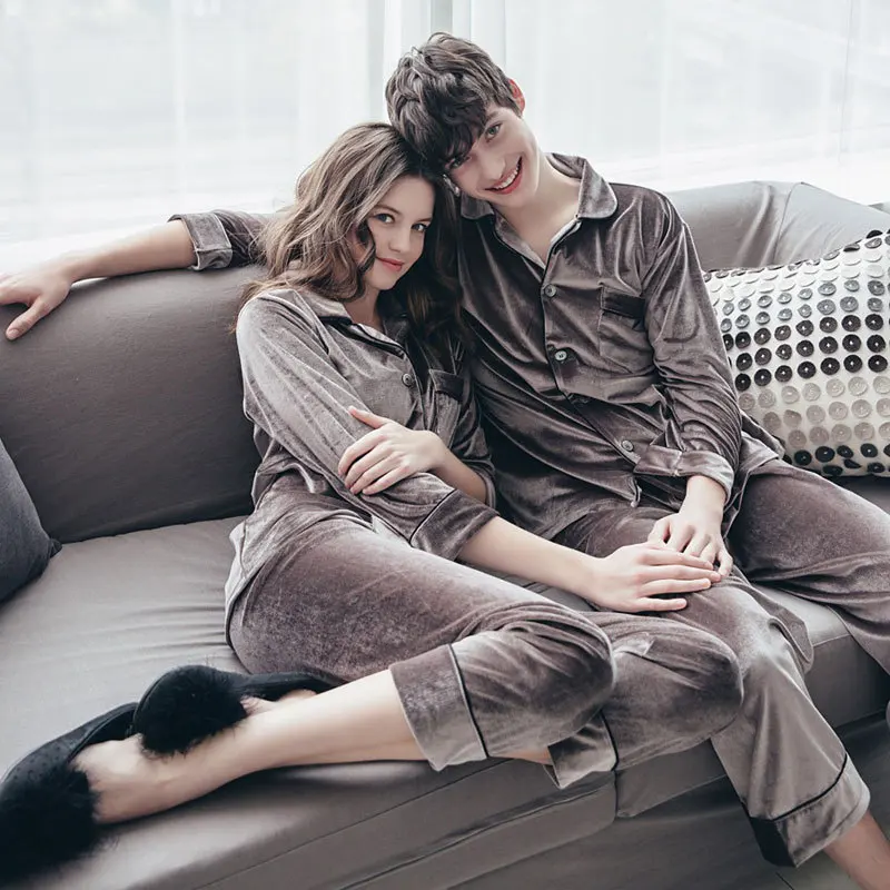

JINUO Popular Product Spring Autumn Winter Young Couples Gold Velvet Pajama Sets Lovers Casual Fresh Soft Casual Sleepwear