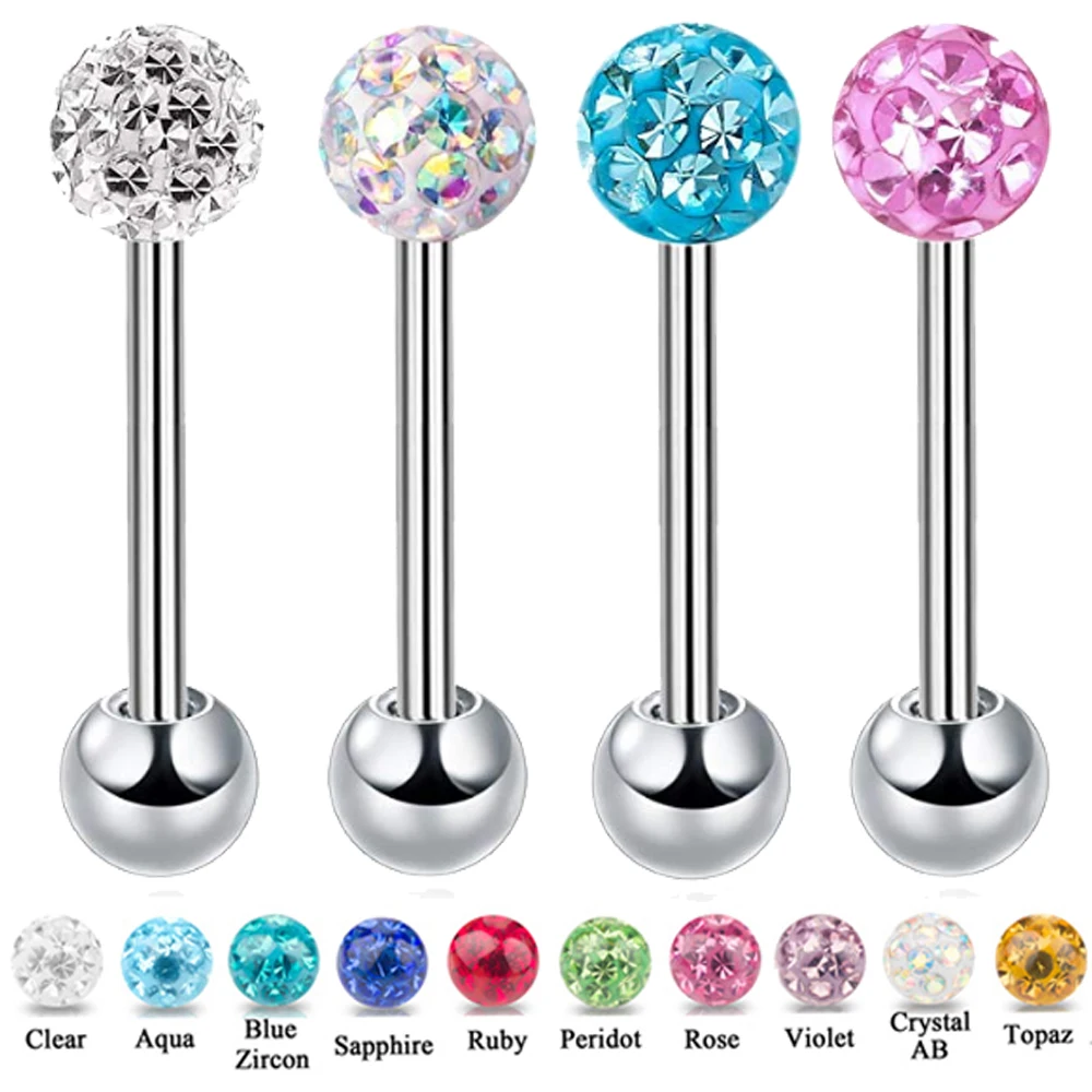 

1PC Anti-Allergy Surgical Steel Tongue Rings Women Handmade Epoxy Coated Crystal Piercing Tongue Barbells Piercing Jewelry 14g