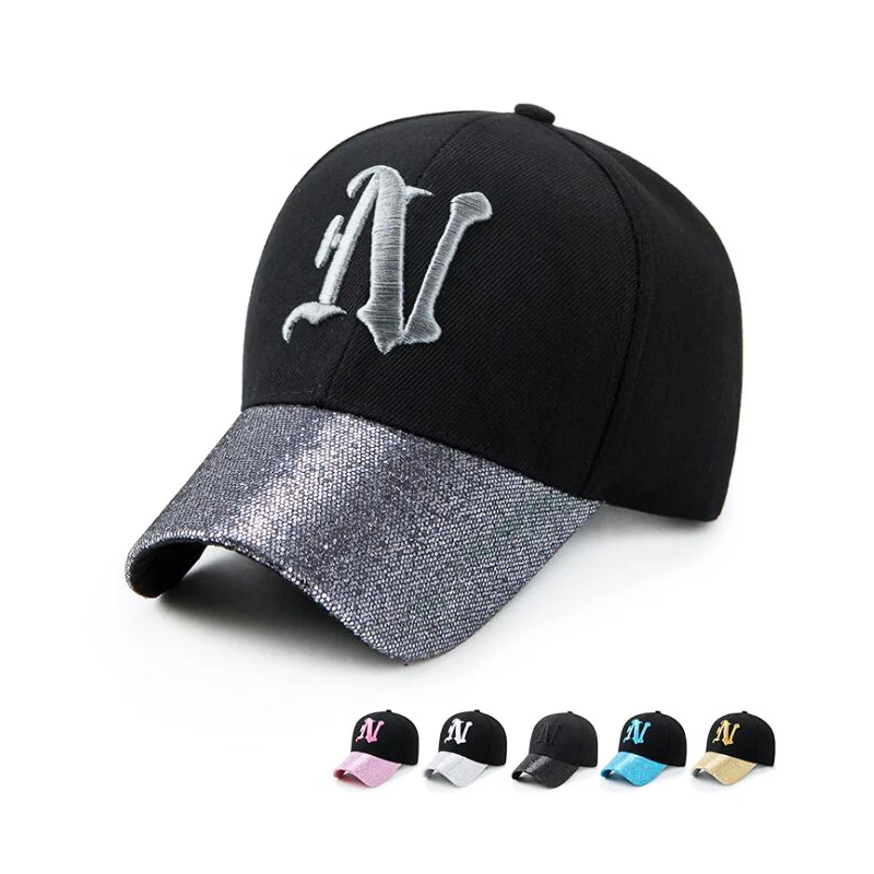 

Spring And Summer Fashion Splice Casual Sequins Cap Brim Letter N Baseball Cap Leather Sequins Snapback Hat