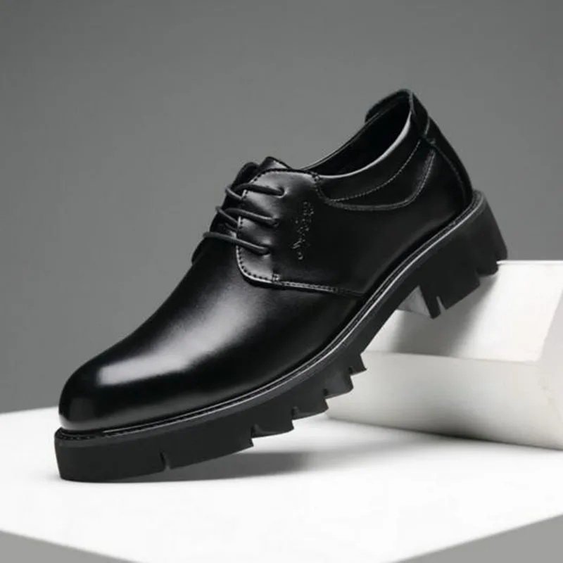 

Men Fashion Business Dress Work Shoes,Genuine Leather Round Toe Lace-up Thicken Bottom Breathable Waterproof Solid Color Shoes