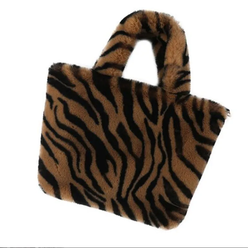 

Meloke 2019 new women fur printed leopard shoulder bagswinter women handbags casual wool bags tote drop shipping M460