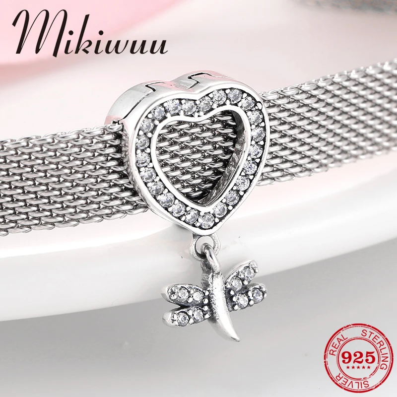 

925 Sterling Silver Crystal zircon Hollow heart shape dragonfly charms Clip beads Fit Original reflection Charm Bracelet jewelry