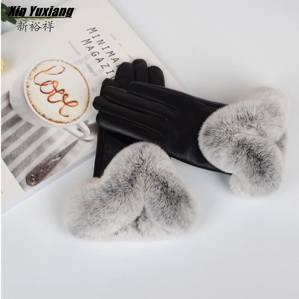 Роскошный импортный Настоящий мех кролика кожаные перчатки женские черные овчины натуральная кожаная Зимняя перчатка настоящие толстые теплые перчатки
