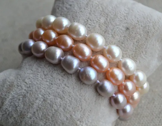 

Stunning Pearl Jewelry,AA 7-8MM 7 Inches 3Rows Rice Shape 100% Real Freshwater Pearl Bracelet,White Pink Lavender Pearl