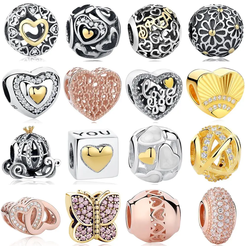 

Fit Authentic Pandora Charms Bracelet Sterling Silver 925 Original Openwork Gold Heart&Daisy&Butterfly DIY Beads Jewelry Making