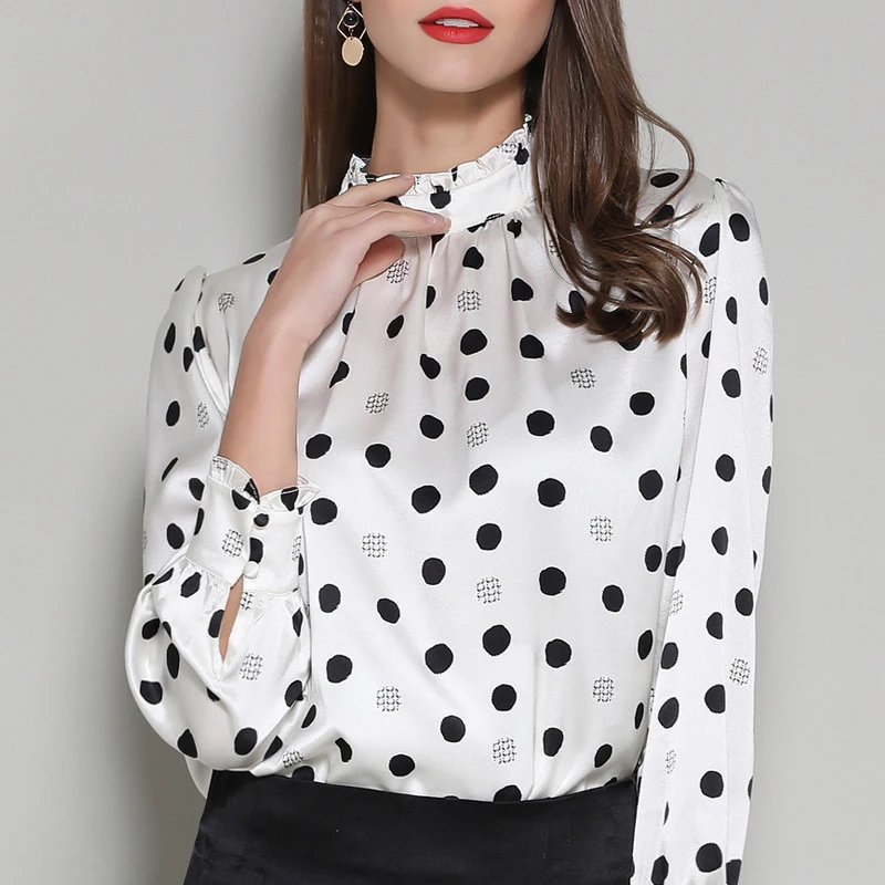 Bogeda/ модная весенняя новая стильная шелковая блузка с длинными рукавами, черно-белые повседневные шелковые блузки в горошек для девочек, большие размеры