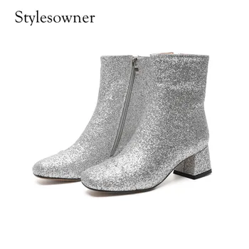 

Stylesowner Western Style Hot Design Special Rome Ankle Boots Blended High Heels 5.5cm Large Size Side Zipper Shining Boots