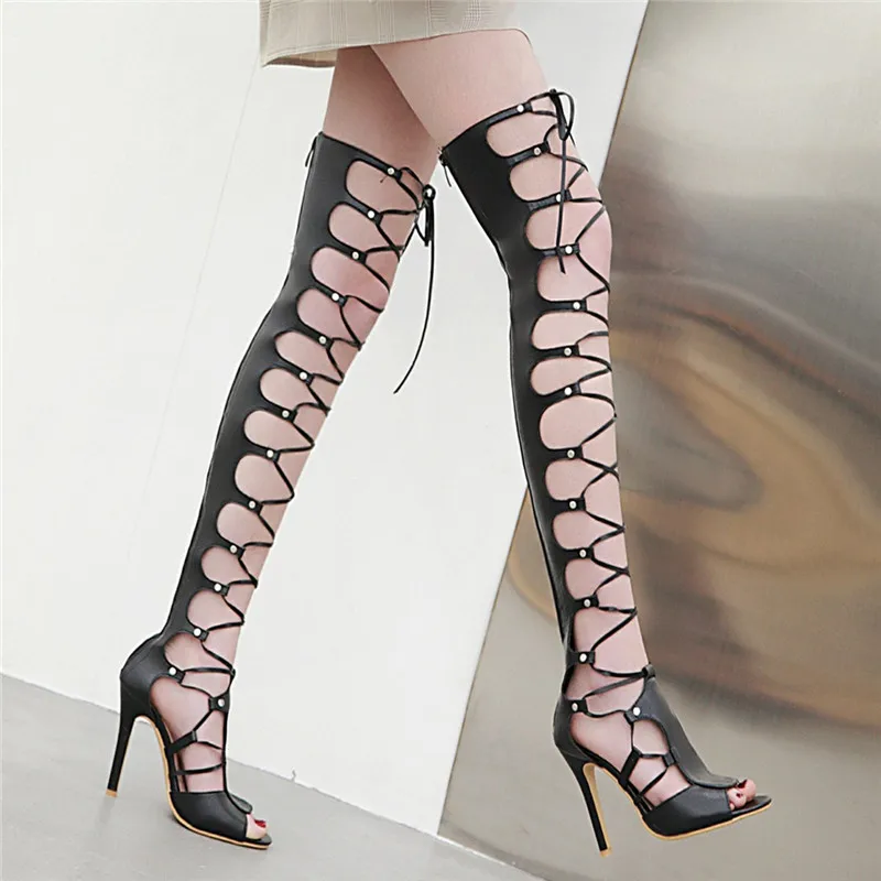 

YMECHIC 2019 Summer Sexy Over Knee High Boots Female Peep Toe Cross Strap Thigh High Heel Gladiator Sandals Women Shoes Big Size